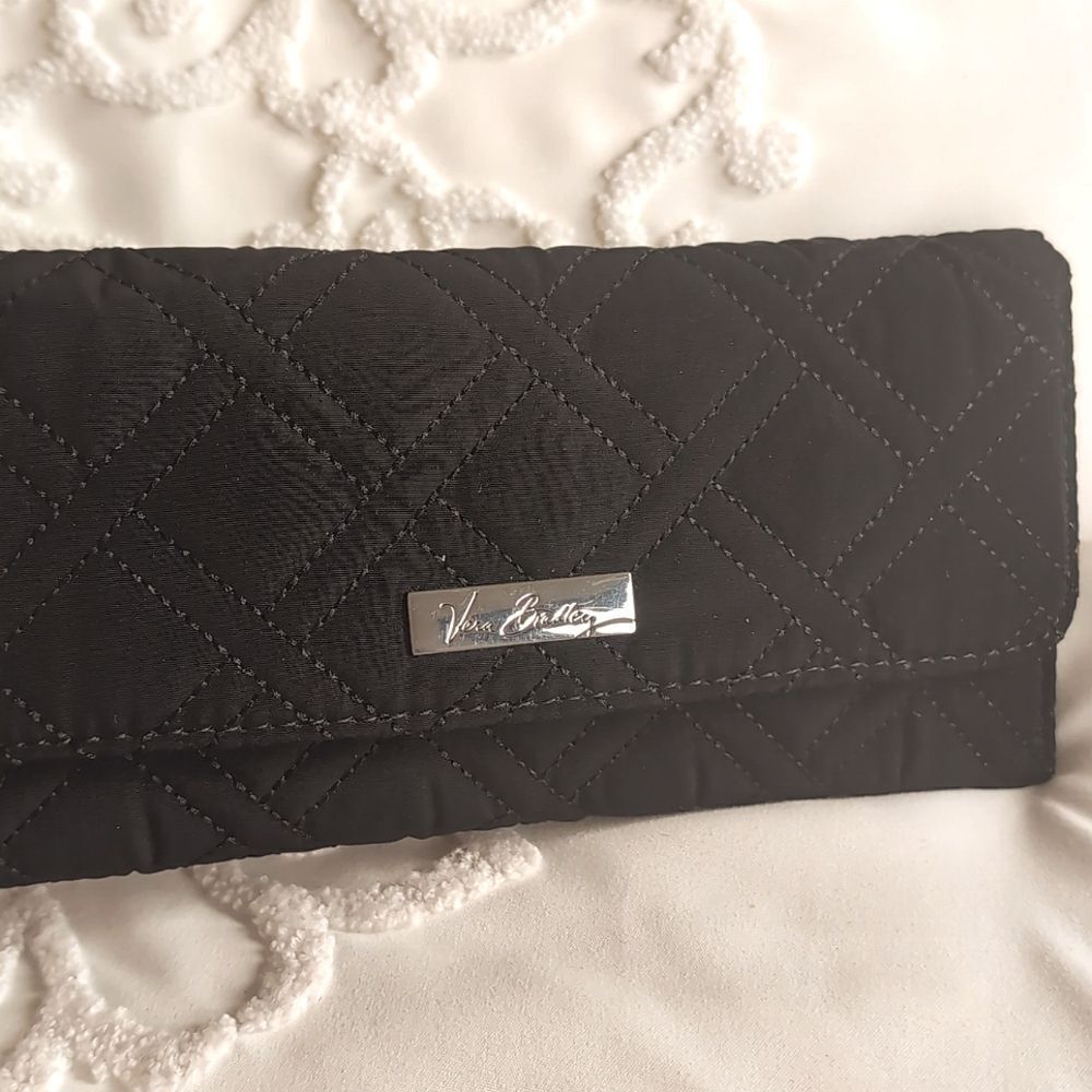 Vera Bradley Trifold Wallet Black Quilted Slim Sleek Clutch Microfiber NWT